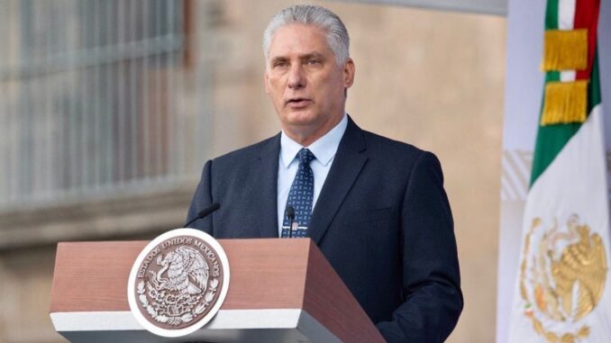 Cuban President Miguel Díaz-Canel addresses Mexicans during the celebration. It is the first time that a foreign leader speaks at Mexico's Independence military parade. (Mexican government)