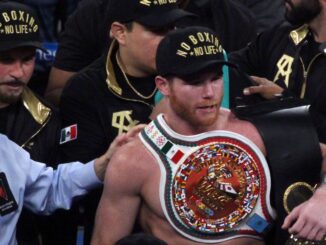 “Being the undisputed champion is huge for my legacy. Now we’re one fight away,” said WBA/WBC/WBO champion Canelo Alvarez (center) who can become Mexico's first undisputed 168-pound title winner with a victory over IBF counterpart Caleb Plant on Saturday. (Sumio Yamada/WBC Images)