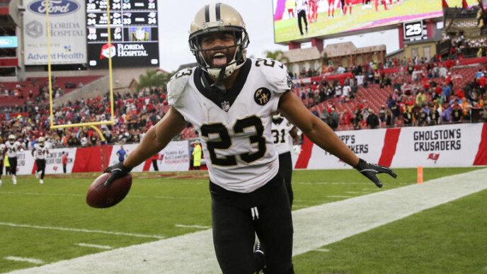 Dec 9, 2018; Tampa, FL, USA; New Orleans Saints cornerback Marshon Lattimore (23) reacts after making an interception during the fourth quarter against the Tampa Bay Buccaneers at Raymond James Stadium. Mandatory Credit: Kevin Jairaj-USA TODAY Sports