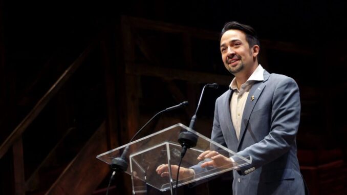 strongLin-Manuel Miranda addresses the audience after a performance of “Hamilton” at the Richard Rodgers Theater on July 12, 2016. The Disney+ version of the play won the Outstanding Pre-Recorded Variety Show Emmy. (Yana Paskova/Getty Images)/strong