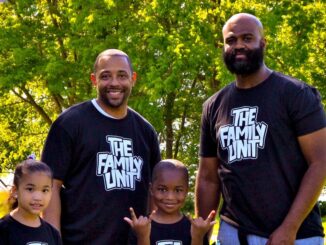 “The Family Unit” clothing line co-creators Roy Williams Jr. (above, second from left) and Xavier Elder-Henson (right) with Ariella Williams and Cameron Elder-Henson, are “black fathers trying to build a legacy for their children,” said Xavier Elder-Henson. (Courtesy of Roy Williams Jr.)